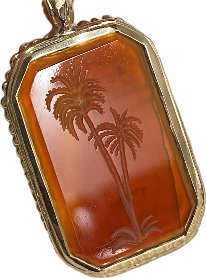 Engraved palm tree Carnelian gold charm